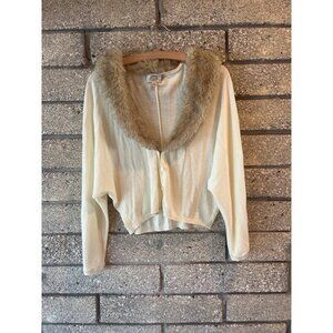 Vintage Frenchi Faux Fur Collar Cardigan Sweater With Pearl Buttons - L